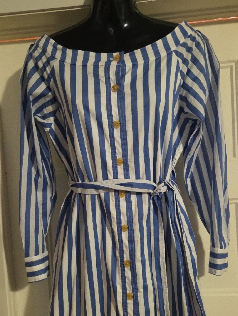 Blue and White Vertical Stripe Long-Sleeve Shirt Dress - Picture 2 of 8